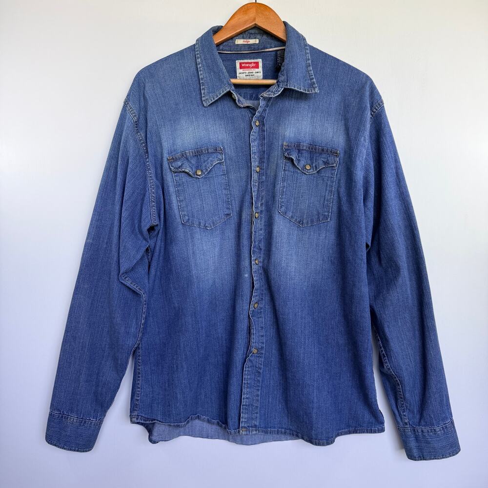 Wrangler Mens Blue Denim Pearl Snap Long Sleeve Western Work Shirt Size XL